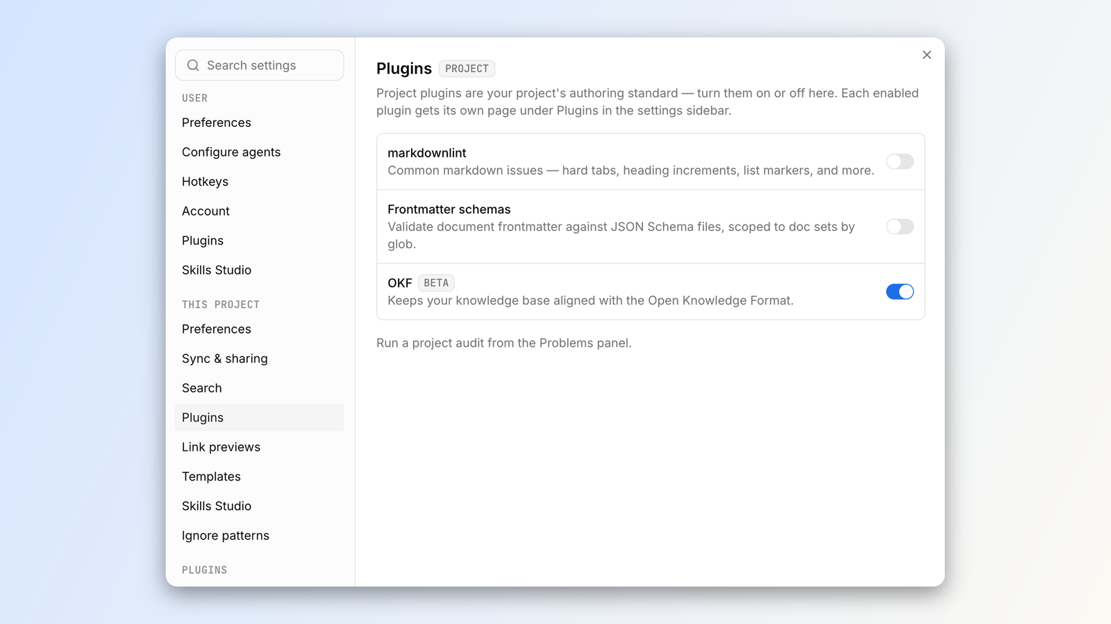 The project Plugins settings page with the OKF plugin toggled on